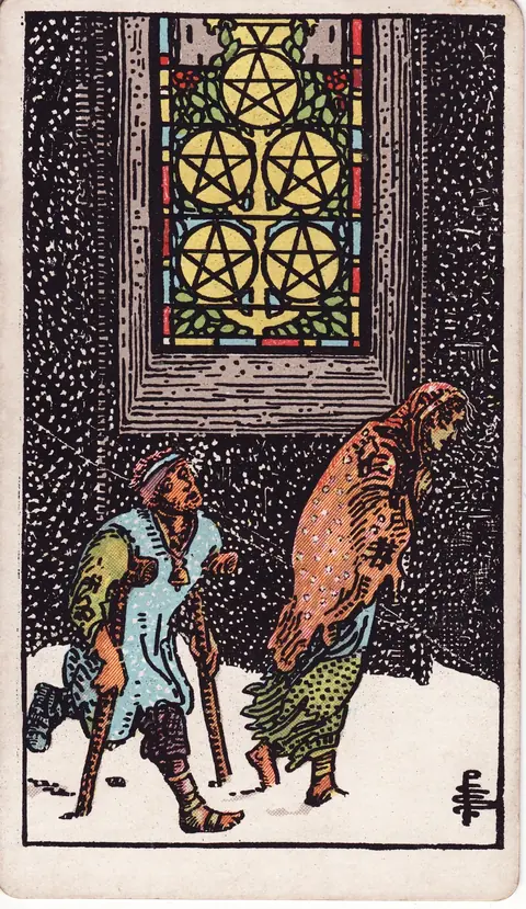 Two poorly clothed people walk through falling snow beneath a brightly lit church window containing five pentacles; one uses crutches.