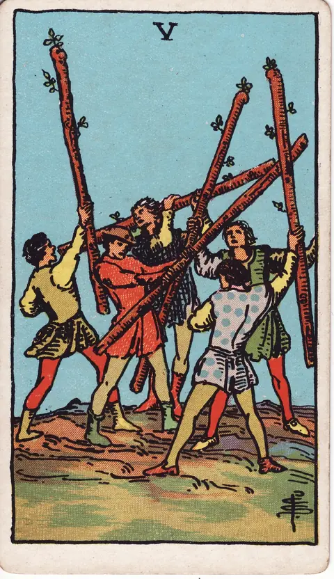 Five young figures in different coloured clothes raising wooden wands in a tangled contest