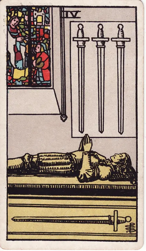 A knight lies on a stone tomb with hands in prayer, three swords above him and one below a stained-glass window.