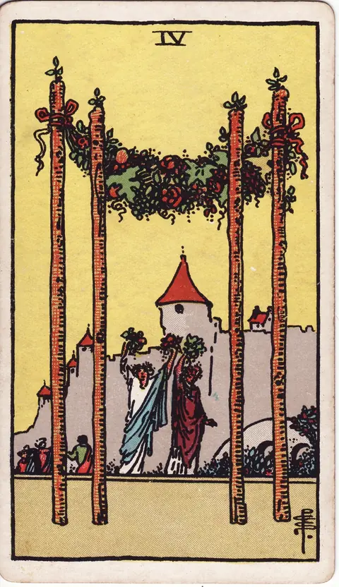 Four wands supporting a garland of flowers and fruit with celebrating figures before a castle