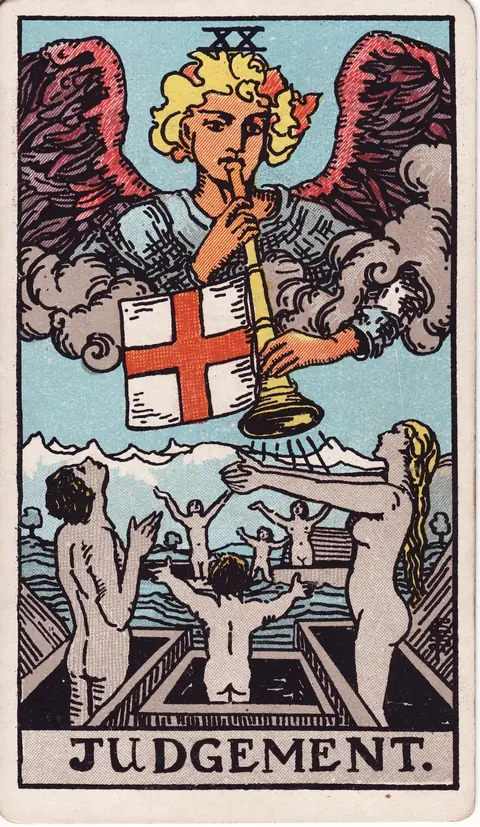 An angel sounding a trumpet above people rising from open coffins with their arms raised