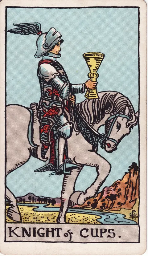 A knight wearing fish-patterned clothing and a winged helmet rides a pale horse beside a river, holding a golden cup before him.