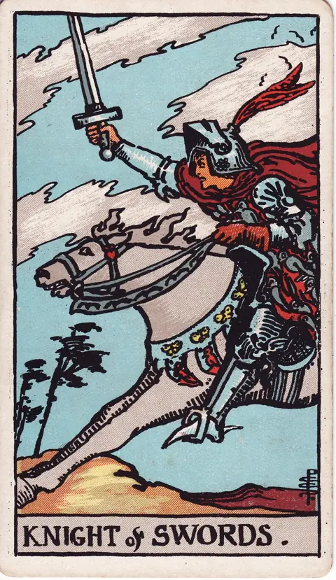 An armored knight charges on a white horse with his sword raised, as wind bends the trees beneath storm clouds.