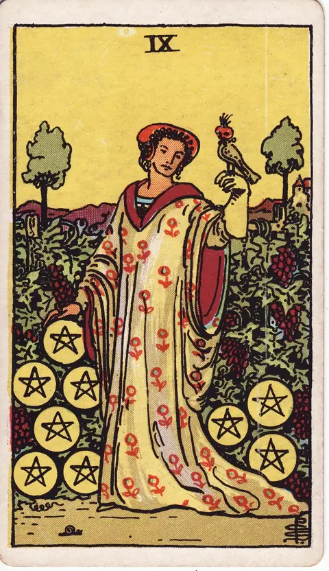 A woman in a long floral robe standing in a vineyard with nine pentacles and a hooded falcon on her hand