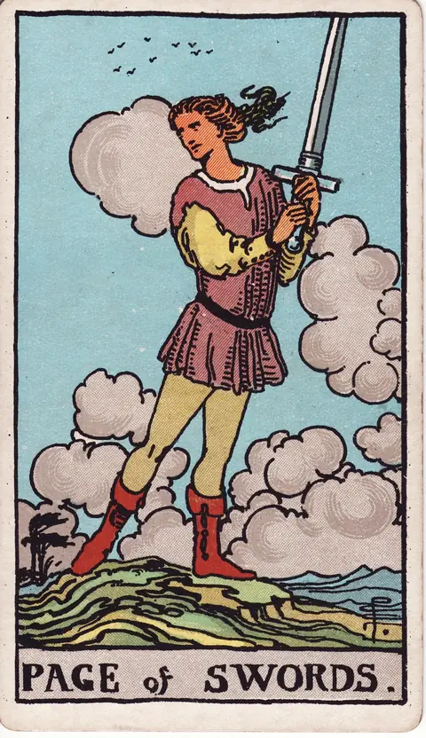 A young Page holds a sword in both hands on uneven ground, with windblown trees, clouds, and birds behind him.