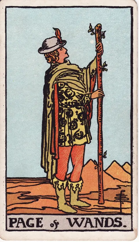 A young page in a salamander-patterned tunic studying a tall wand in a desert with pyramids