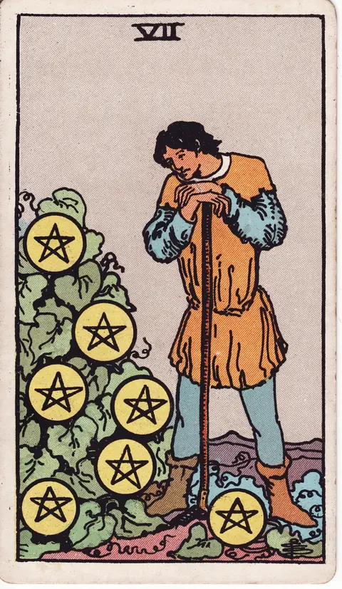 A man leaning on a hoe and considering seven pentacles growing among green vines