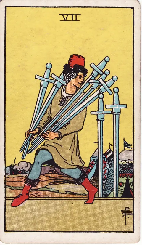 A man slips away from a camp carrying five swords and looks back toward two swords left in the ground.
