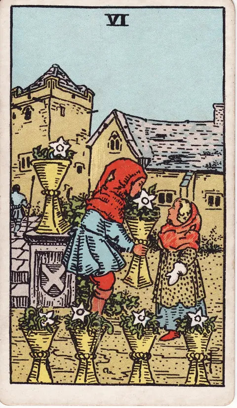 A boy offers a girl a cup filled with white flowers in a courtyard, with five more flower-filled cups and a departing figure behind them.