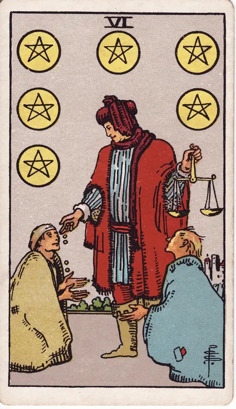 A wealthy man holds a balance scale and gives coins to one of two kneeling people, with six pentacles above them and a town behind.