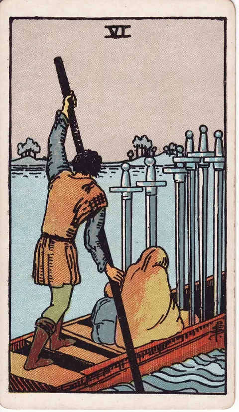 A ferryman carries a woman and child in a boat with six swords, moving from rough water toward a calm shore.