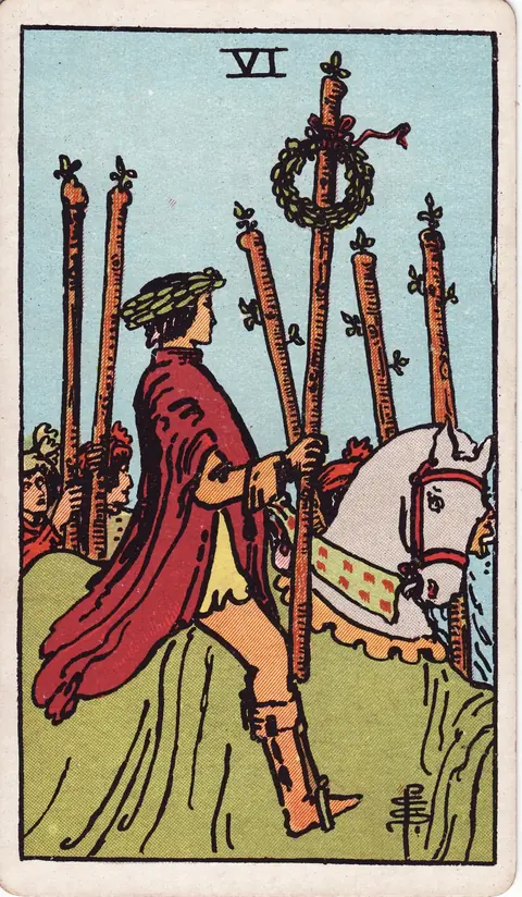 A rider on a pale horse carrying a wreath-topped wand through a crowd with raised staffs