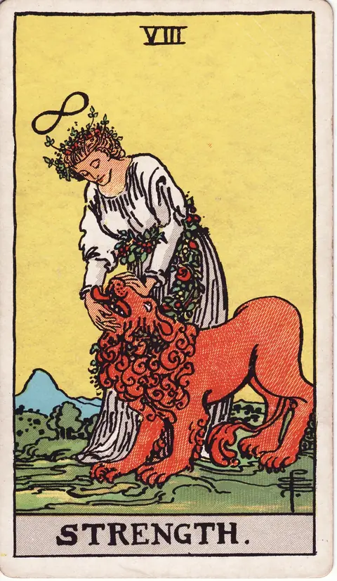 A woman in a white dress gently holding a lion's jaws, with an infinity symbol above her head