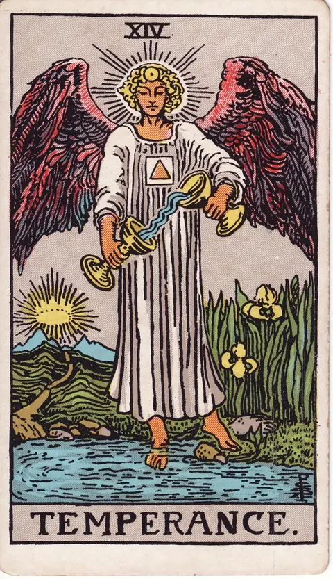 A winged angel pouring water between two cups, with one foot on land and one in a pool