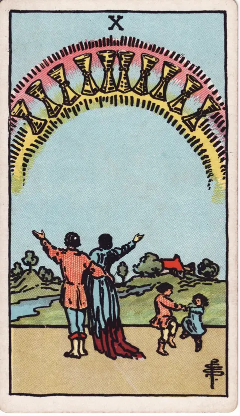 A couple raise their arms toward a rainbow holding ten cups while two children dance beside them, with a home, green countryside and a river nearby.