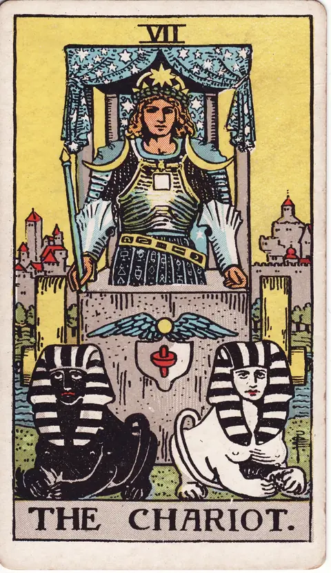 An armoured charioteer beneath a starry canopy, with a black and a white sphinx in front