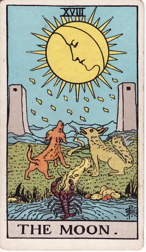 A dog and wolf beneath the moon, with a crayfish leaving a pool and a path between two towers