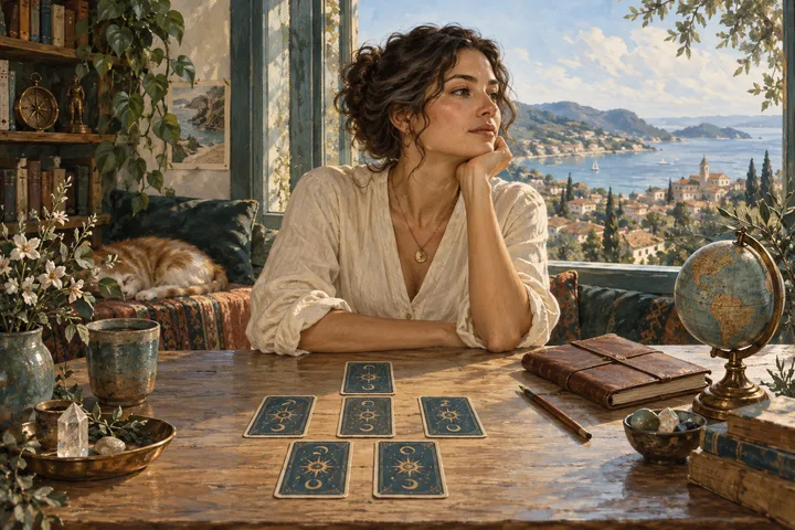 Painterly illustration for Career Tarot Spreads: A thoughtful adult sits at a bright worktable with a face-down tarot spread beside a closed notebook, a small globe and a pencil.