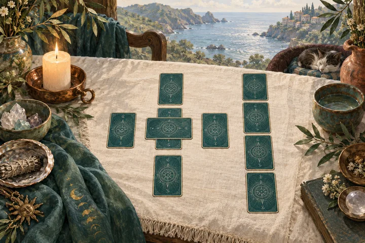 Painterly illustration for The Celtic Cross Tarot Spread: A broad overhead reading table with a clearly arranged ten-card Celtic Cross using plain face-down teal-backed cards: a central crossing pair, four surrounding cards, and a vertical staff of four on the right.