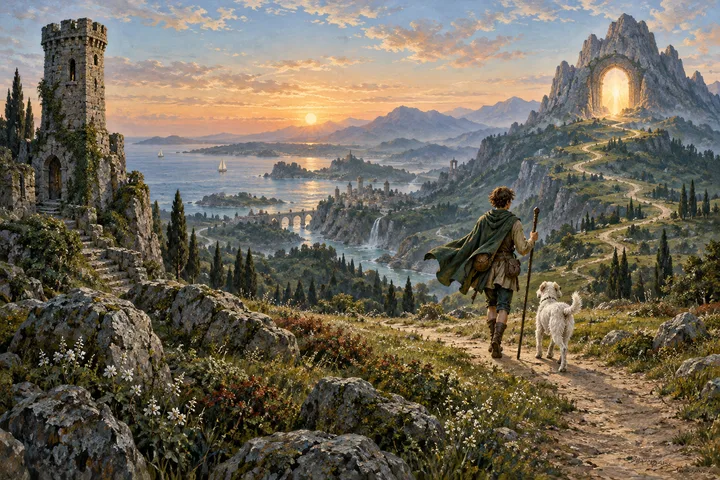 Painterly illustration for The Fool's Journey Through the Major Arcana: A distant young traveller and a white dog walk along a winding path through a wide dawn landscape, past an old tower toward a glowing mountain arch.