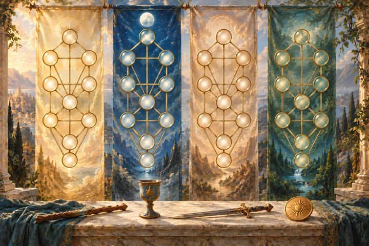 Four translucent veils each display a complete ten-sphere Tree of Life above a wand, cup, sword and golden disk.