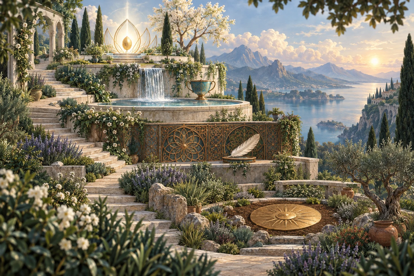 Four connected garden terraces with a glowing seed, fountain, bronze lattice and planted stone garden.