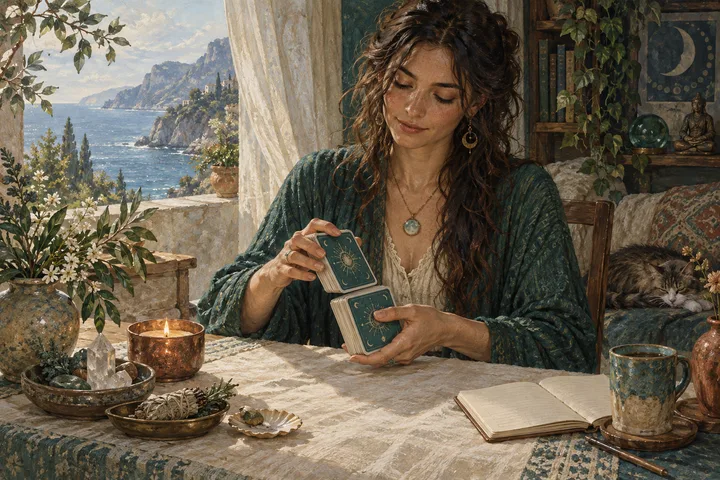 Painterly illustration for How to Do a Complete Tarot Reading: An adult reader shuffles a face-down teal-backed tarot deck at a welcoming cream-covered table, a small blank journal and candle nearby.