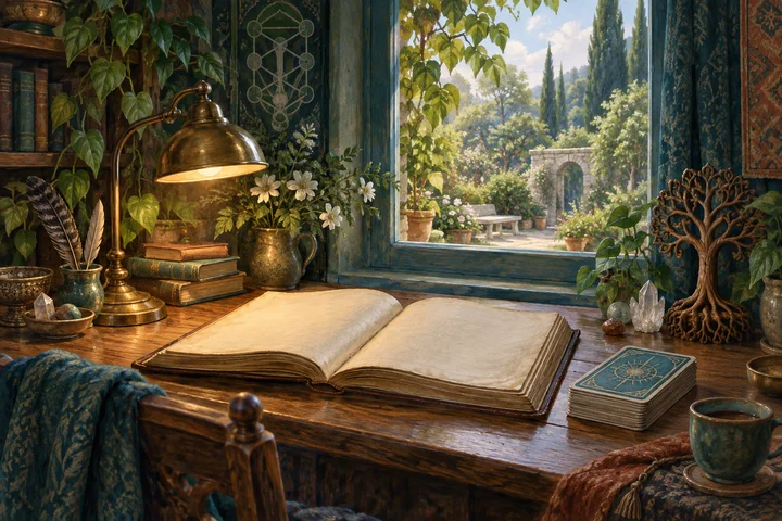 A softly lit study with an open book, brass lamp, carved tree and teal-backed tarot deck.