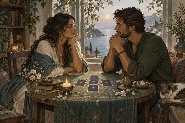 Painterly illustration for Love and Relationship Tarot Spreads: Two adults face one another across a small round table, a modest face-down tarot spread between them and soft flowering branches at the window.
