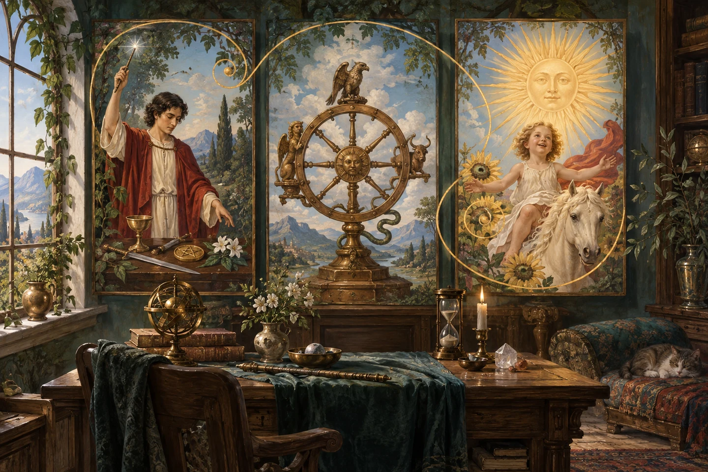 Painted magician, bronze wheel and sunlit child connected by golden spirals in a reading room.