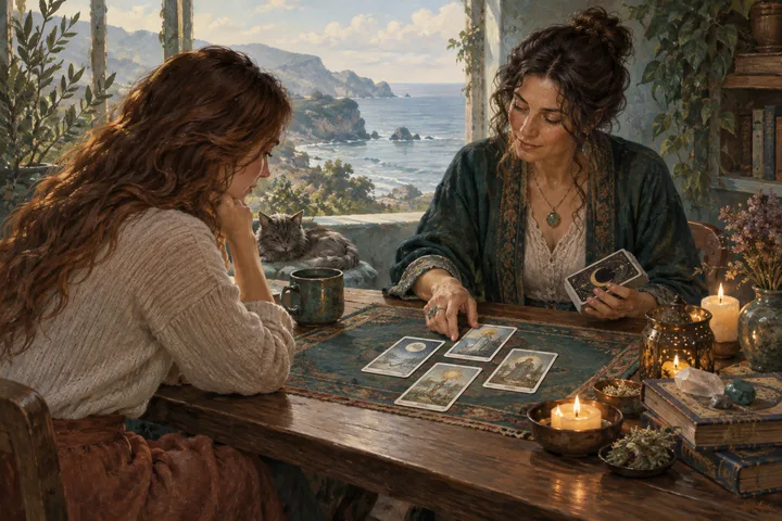 Painterly illustration for Reading Tarot for Other People: An experienced adult reader and a second adult sit at opposite sides of a quiet table, thoughtfully looking at a small tarot spread.