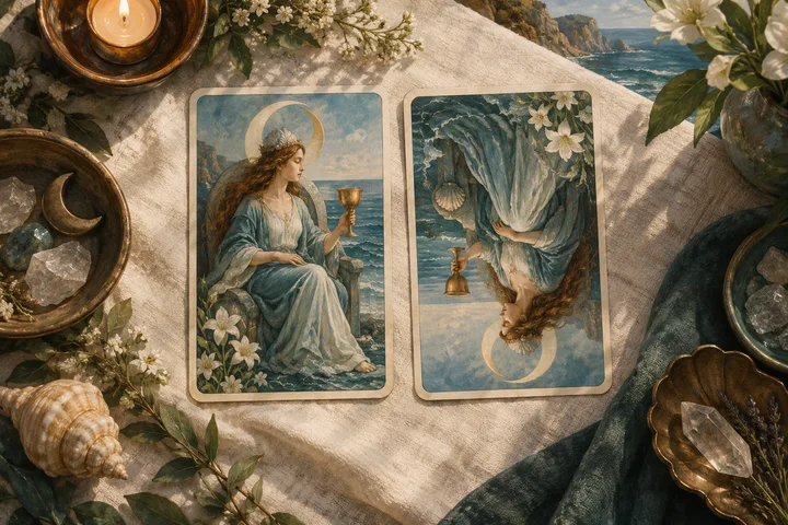 Painterly illustration for How to Read Reversed Tarot Cards: Two face-up abstract tarot illustrations rest side by side on cream linen, one oriented upright and the other upside down.
