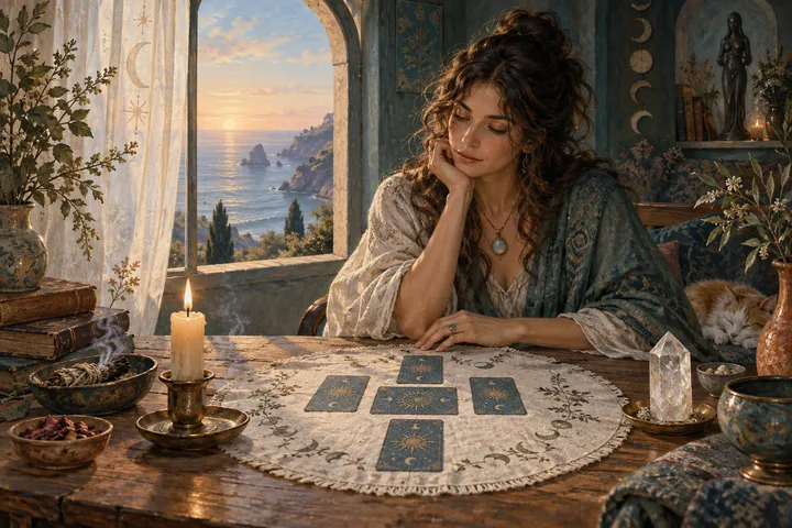 Painterly illustration for Spiritual Tarot Spreads for Dreams and Self-Care: A quiet altar beside a tall arched window, face-down tarot cards on a circular linen cloth, a simple candle and a translucent crystal.