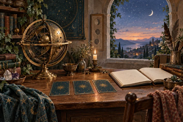 Brass celestial sphere, tarot cards and an open notebook beneath a starry window.