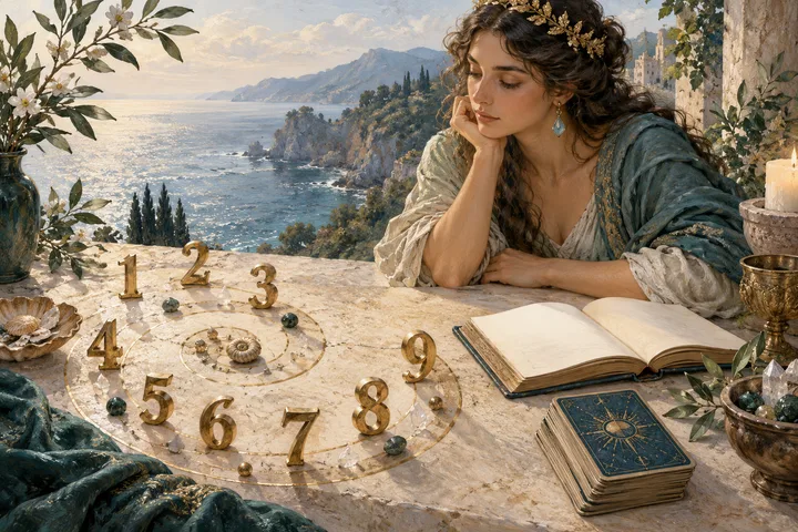Painterly illustration for Tarot and Numerology: Reading the Card Numbers: Golden number-shaped sculptural ornaments one through nine arranged in a gentle spiral beside an open blank book and a small tarot deck.