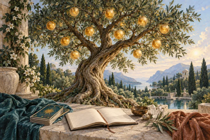 A symbolic tree with golden fruit beside a tarot deck and open book overlooking a green garden.