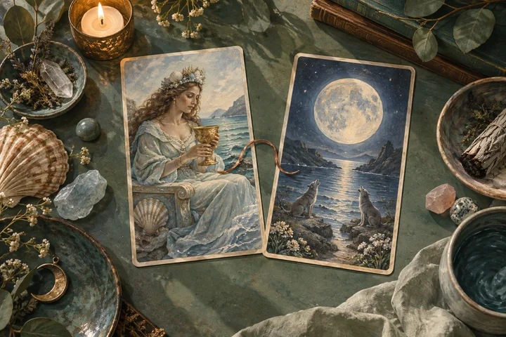 Painterly illustration for How to Read Tarot Card Combinations: A close overhead view of two face-up symbolic tarot illustrations on a sage desk, one depicting a golden cup and one depicting a luminous moon, joined by a fine copper ribbon.