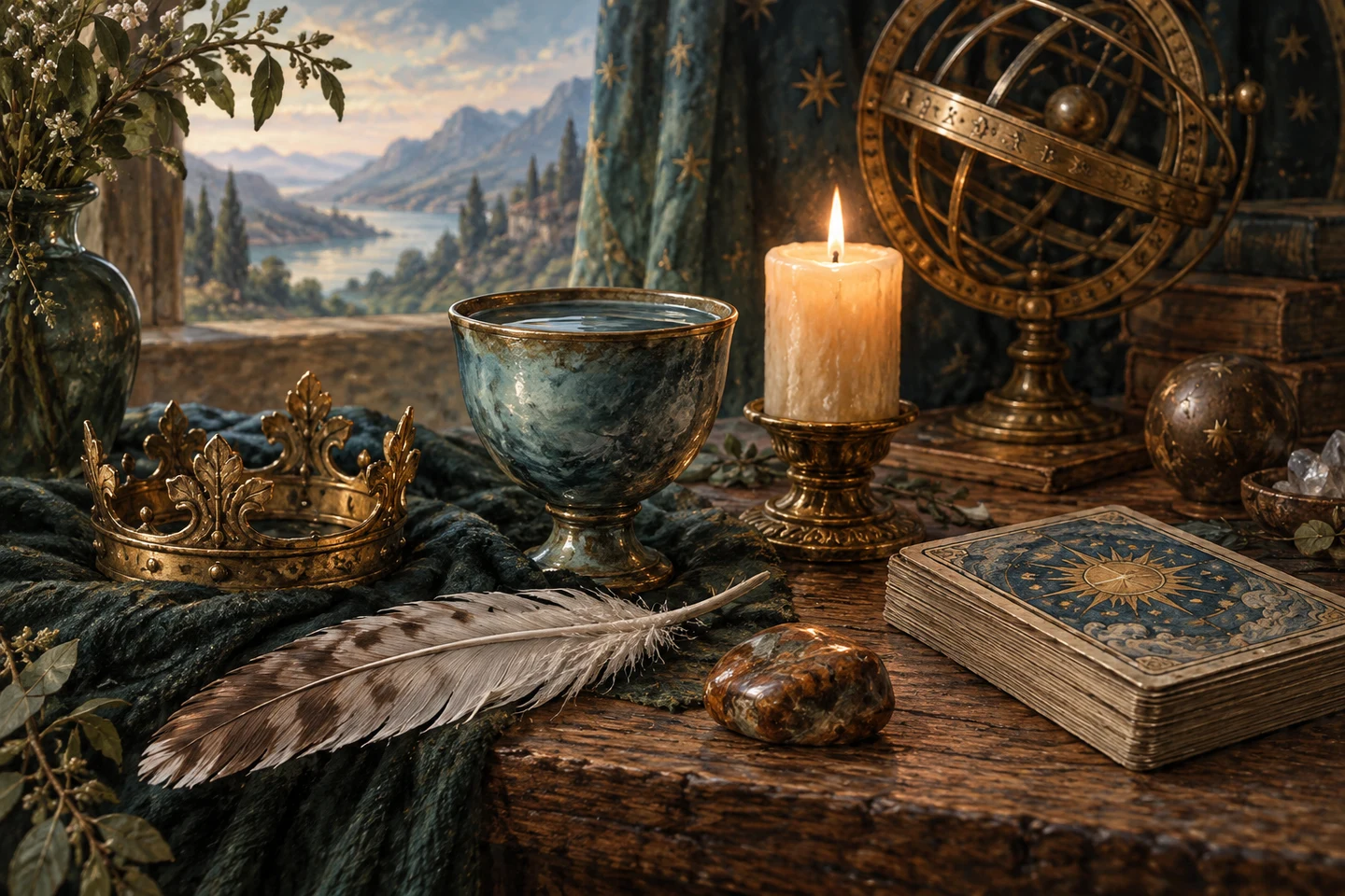 A crown, water-filled cup, candle, feather and stone beside a brass celestial instrument.
