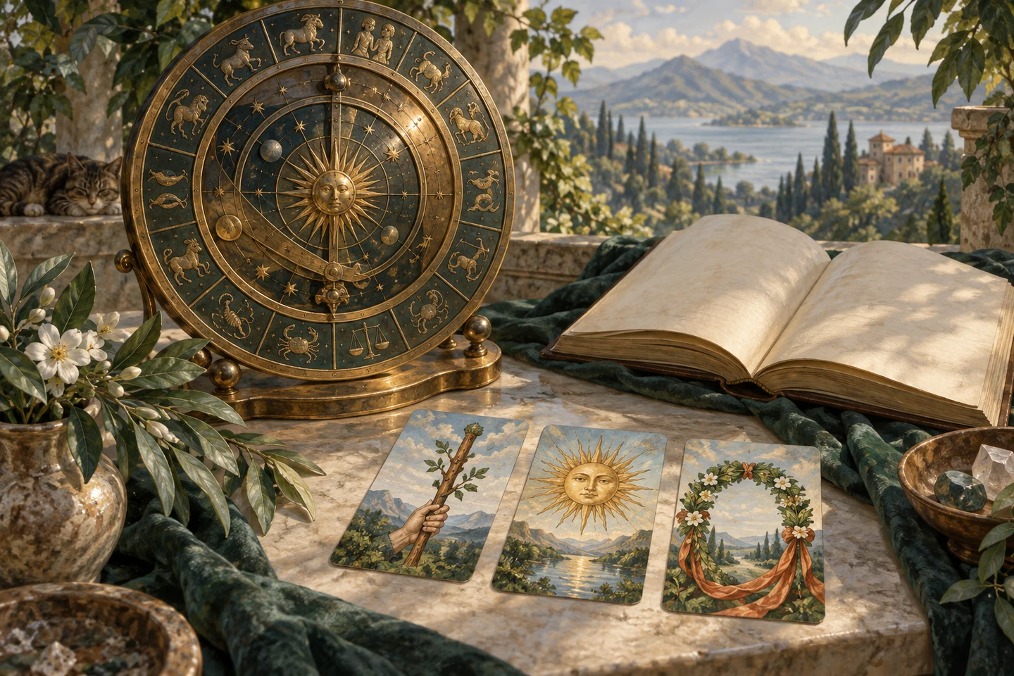 A segmented bronze celestial instrument beside a blank book and three symbolic cards.