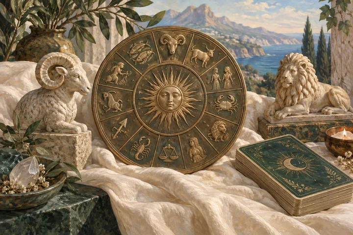 A bronze zodiac ornament beside ram and lion carvings and a green tarot deck.