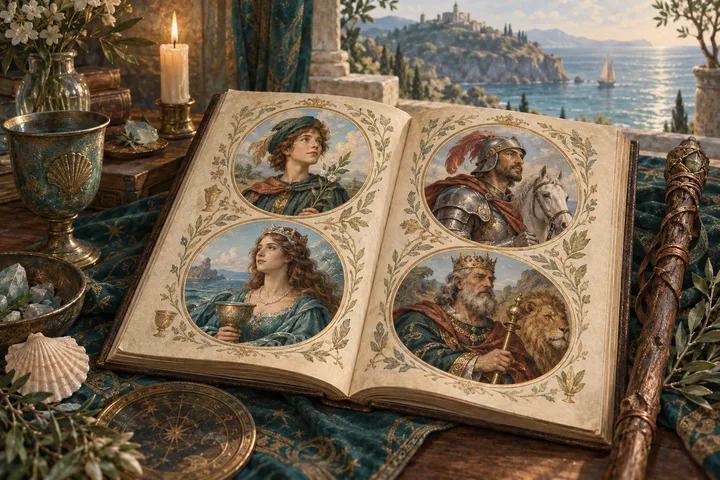 Painterly illustration for Understanding Tarot Court Cards: Four small dignified portrait medallions of a page, knight, queen and king arranged on an open illustrated book, a wooden staff beside it.
