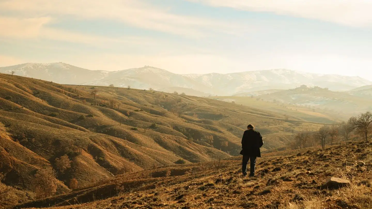 A person looks across rolling hills toward distant mountains.